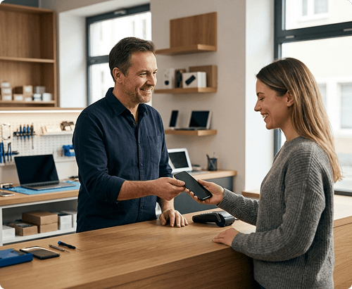 Service entrepreneur helping a customer at the counter
