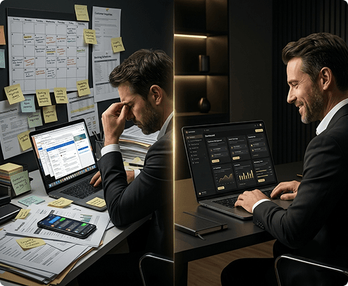 Business owner overwhelmed by tools versus working calmly on one platform
