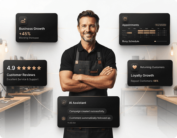 Business owner surrounded by FixFlow performance insights