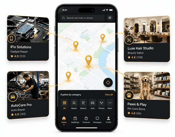 FixFlow marketplace showing nearby shops on a map